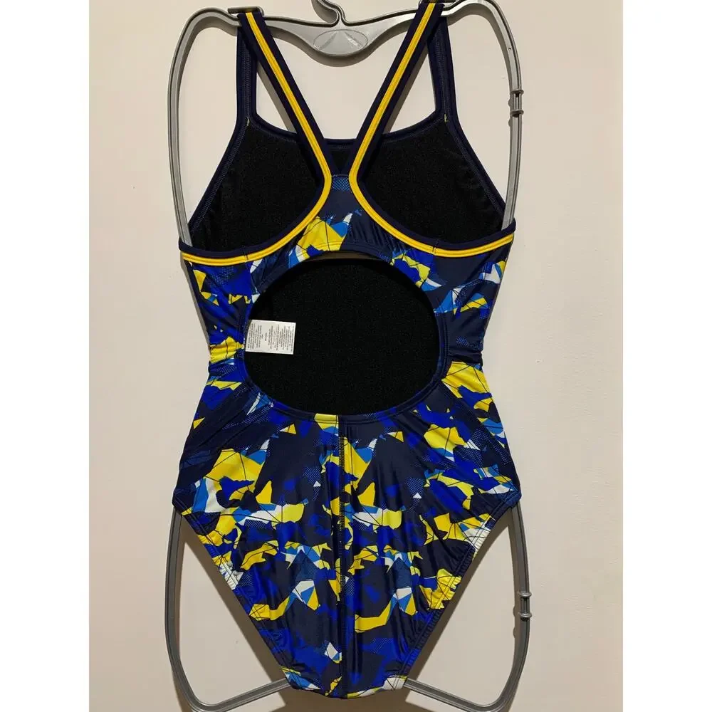 Dolfin XtraSleek Implode Navy Gold DBX Back One Piece Swimsuit Size 32